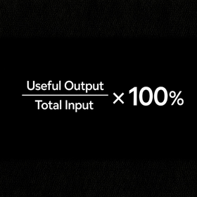 Monochrome efficiency framework mark representing useful output divided by total input for operational visibility and workflow efficiency.